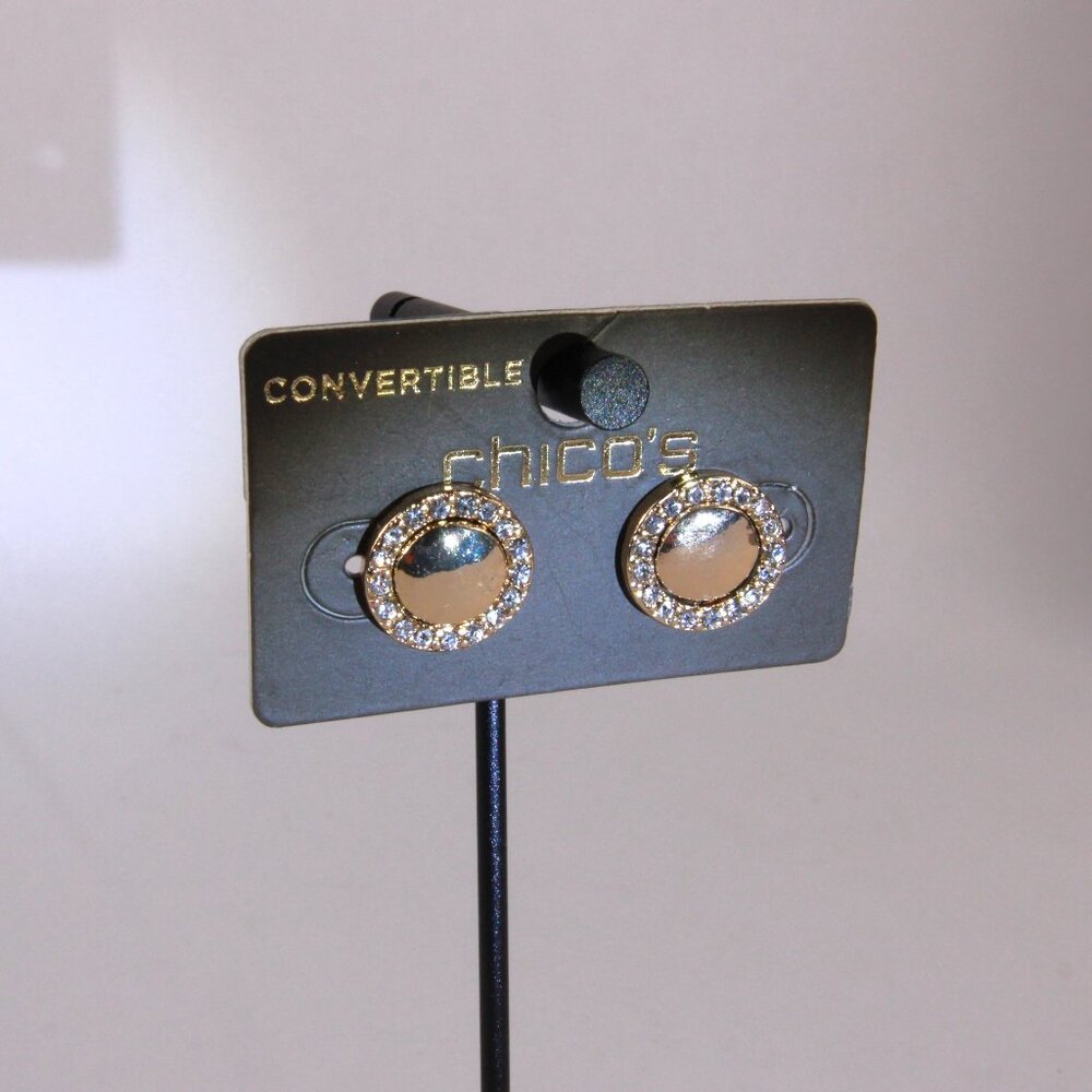 NWT Chico's Convertible Gold Tone Stud Earrings with Clear Rhinestone